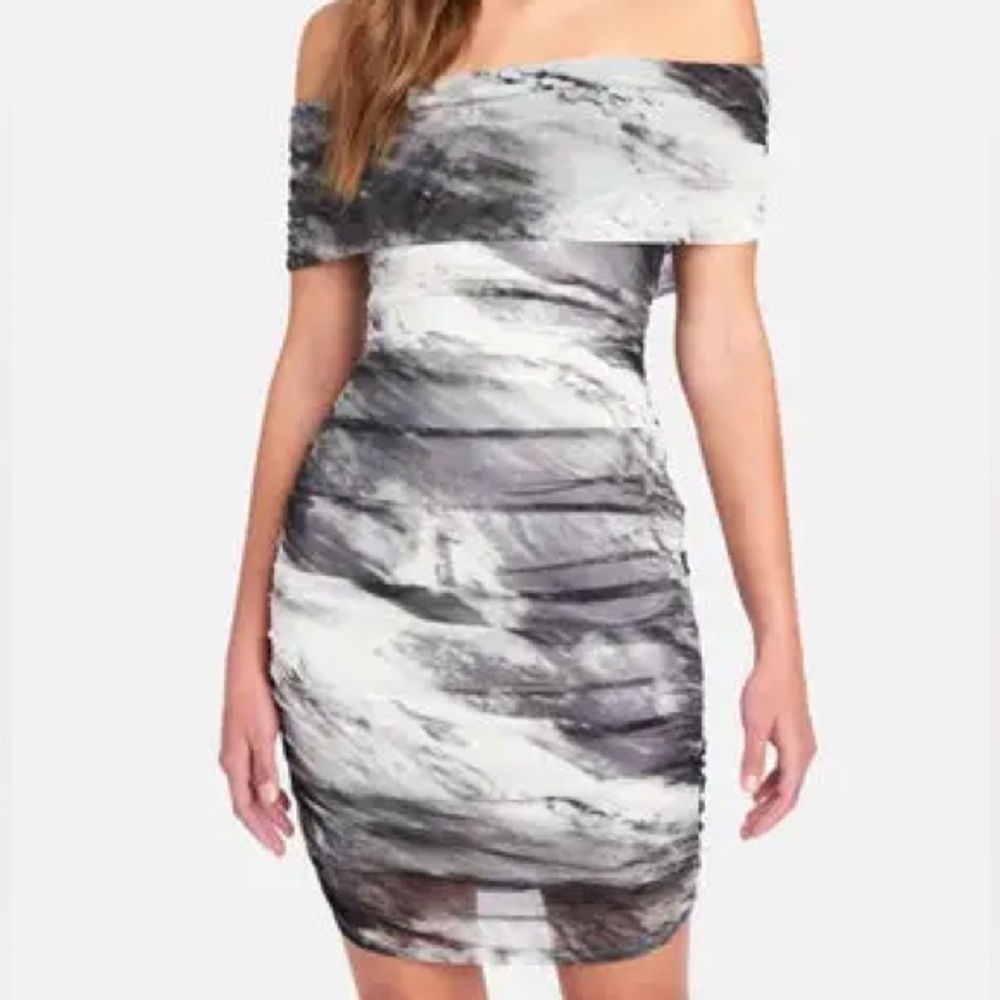 Bebe Black & White Marble Off The Shoulder Ruched Bodycon Above-The-Knee Dress